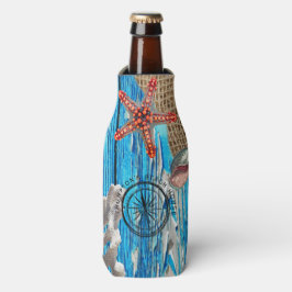 Rustikaler Nautic Blue Wood Burlap Starfish Flaschenkühler
