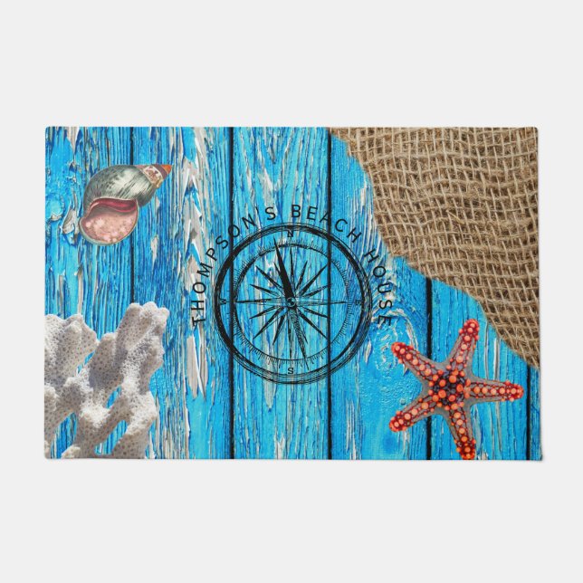 Rustikaler Nautic Blue Wood Burlap Starfish Fußmatte (Vorderseite)