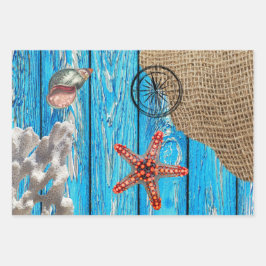Rustikaler Nautic Blue Wood Burlap Starfish Geschenkpapier Set