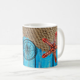 Rustikaler Nautic Blue Wood Burlap Starfish Kaffeetasse