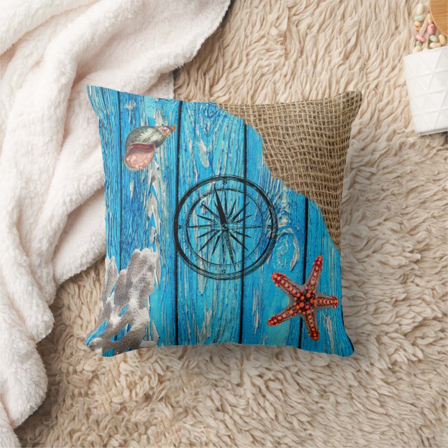 Rustikaler Nautic Blue Wood Burlap Starfish Kissen (Decke)