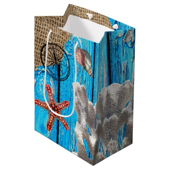 Rustikaler Nautic Blue Wood Burlap Starfish Mittlere Geschenktüte (Vorderseite Schrägansicht)