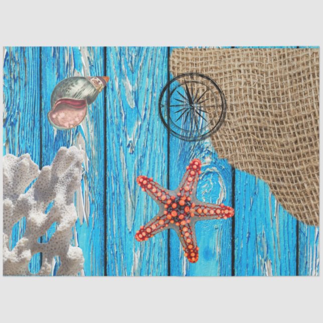 Rustikaler Nautic Blue Wood Burlap Starfish Seidenpapier (Vorderseite)