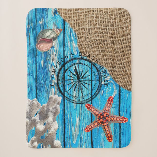 Rustikaler Nautic Blue Wood Burlap Starfish Sherpadecke (Vorderseite)