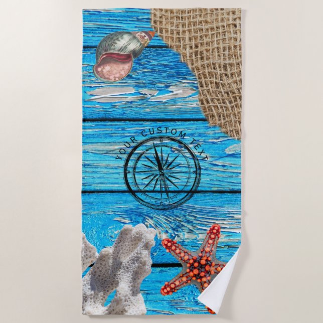 Rustikaler Nautic Blue Wood Burlap Starfish Strandtuch (Vorderseite)