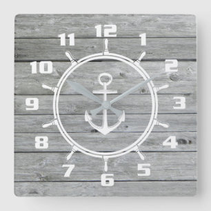 Rustikaler nautischer Anker und Schiffsschwungrad Quadratische Wanduhr
