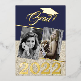 Rustikaler Navy Blue Graduate 2 Foto Abschluss Gol Folieneinladung