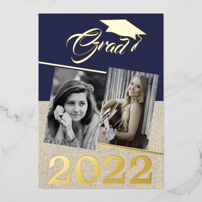 Rustikaler Navy Blue Graduate 2 Foto Abschluss Gol Folieneinladung (Vorderseite)