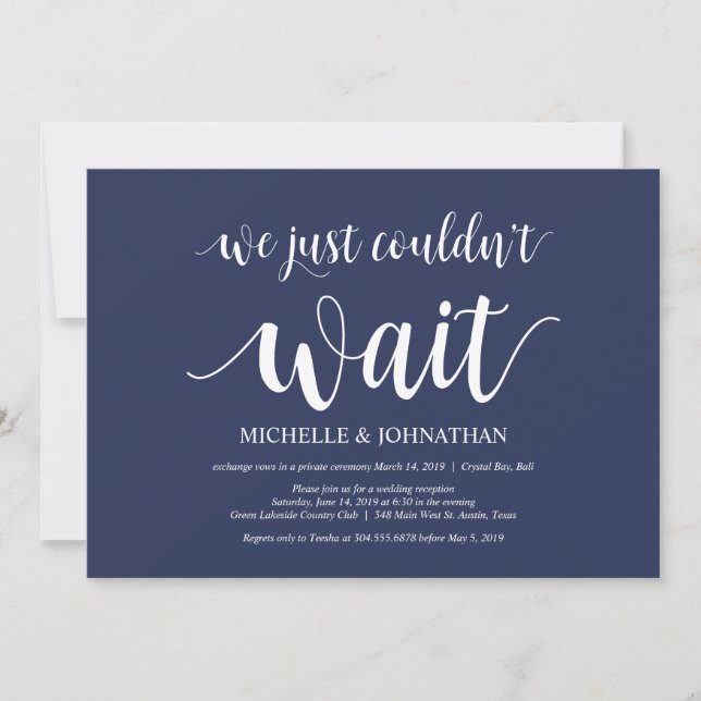 Rustikaler Navy Blue Wedding Elopement Empfang Einladung (Vorderseite)