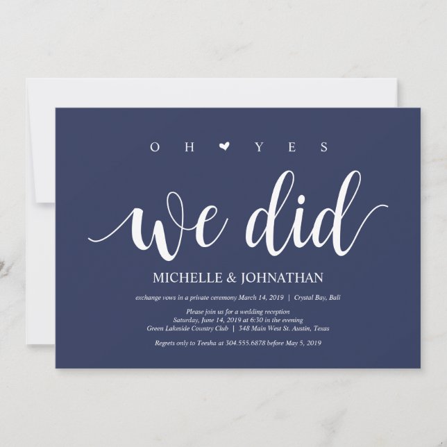 Rustikaler Navy Blue Wedding Elopement Empfang Einladung (Vorderseite)