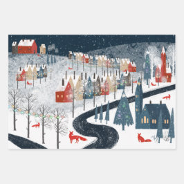 Rustikaler nordischer Schneeberg Village Fox Trott Geschenkpapier Set