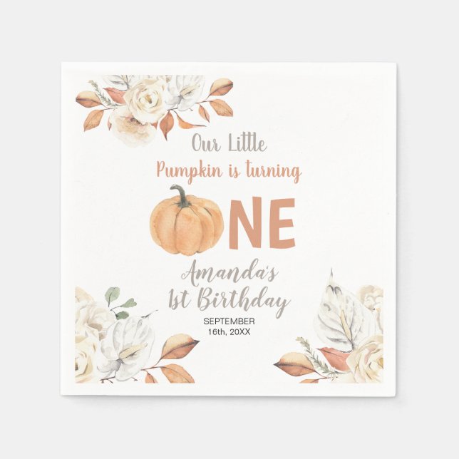 Rustikaler Orange Pumpkin 1. Geburtstag Blumenkolo Serviette (Vorderseite)