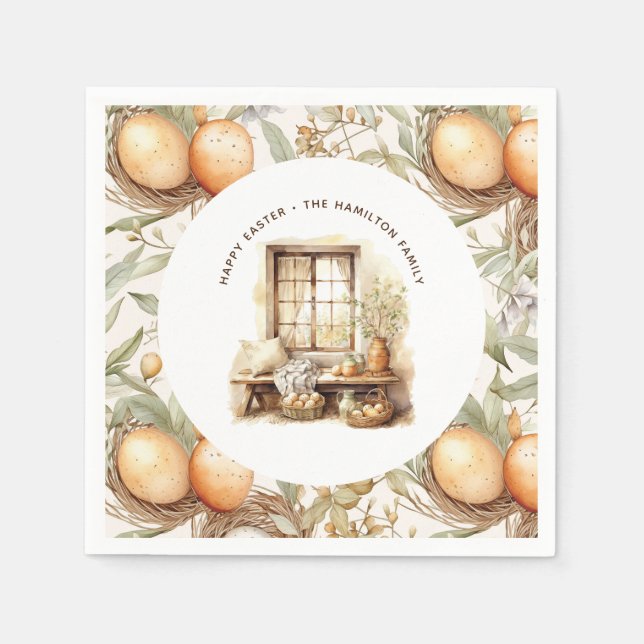 Rustikaler Ostern Beige Personalisierter Familienn Serviette (Vorderseite)
