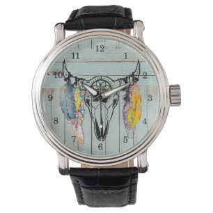 Rustikaler Oxenschädel mit Aquarellmatten Armbanduhr