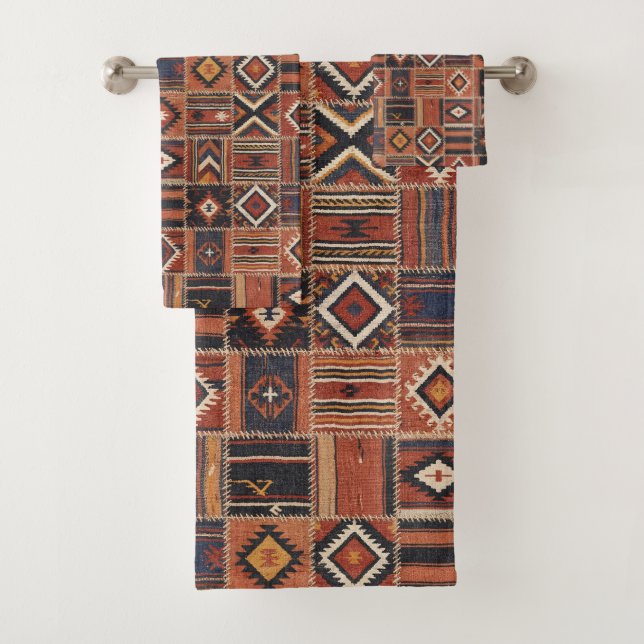 Rustikaler Patchwork-Kilim-Geometrie-Teppich Badhandtuch Set (Insitu)