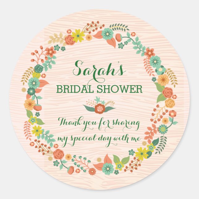 Rustikaler Peach floral Wreath Bridal Polterabend Runder Aufkleber (Vorderseite)