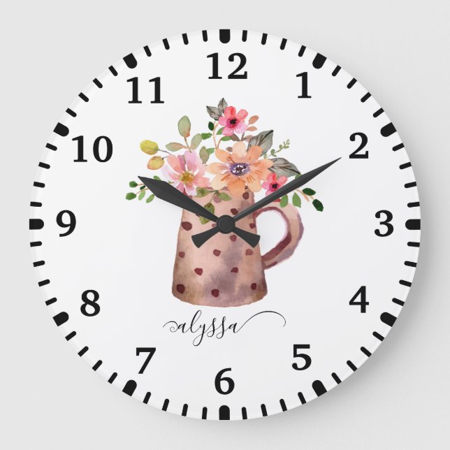 Rustikaler Pfirsich und Mauve Wasserfarbe Große Wanduhr (Vorderseite)