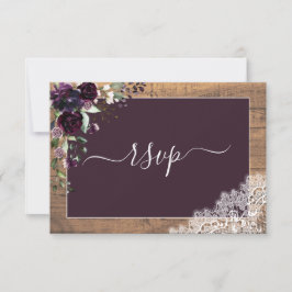 Rustikaler Pflaume Lila Blumenschrift Spitzen Holz RSVP Karte