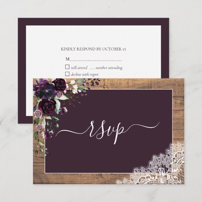 Rustikaler Pflaume Lila Blumenschrift Spitzen Holz RSVP Karte (Vorne/Hinten)