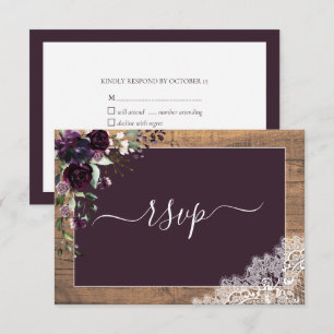 Rustikaler Pflaume Lila Blumenschrift Spitzen Holz RSVP Karte