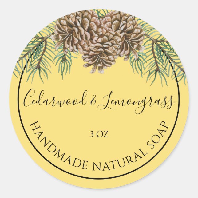 Rustikaler Pine Cone Cedarwood Lemongrass Seifenau Runder Aufkleber (Vorderseite)