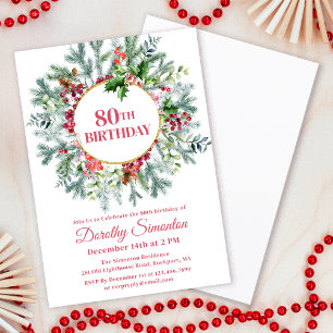 Rustikaler Pine Holly Berry Wreath 80. Geburtstag Einladung