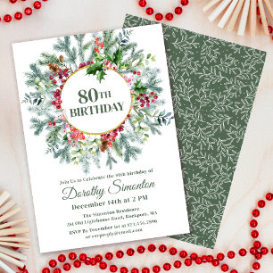 Rustikaler Pine Holly Berry Wreath 80. Geburtstag Einladung