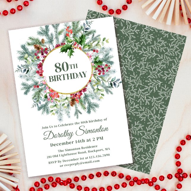 Rustikaler Pine Holly Berry Wreath 80. Geburtstag Einladung (Need matching party supplies? Welcome signs, napkins, paper plates. Something else? Message me!)