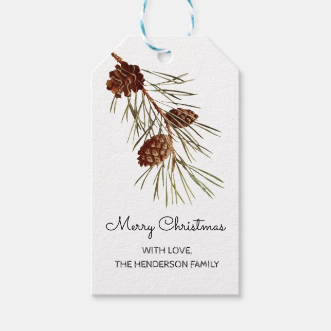 Rustikaler Pinecone Wasserfarbe Frohe Weihnachten Geschenkanhänger (Vorderseite)
