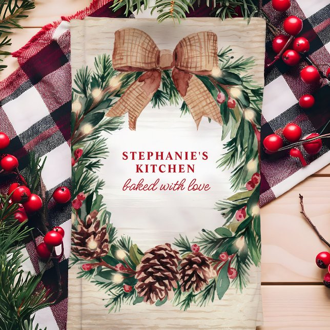 Rustikaler Pinecone Weihnachtskranz Personalisiert Geschirrtuch (Von Creator hochgeladen)