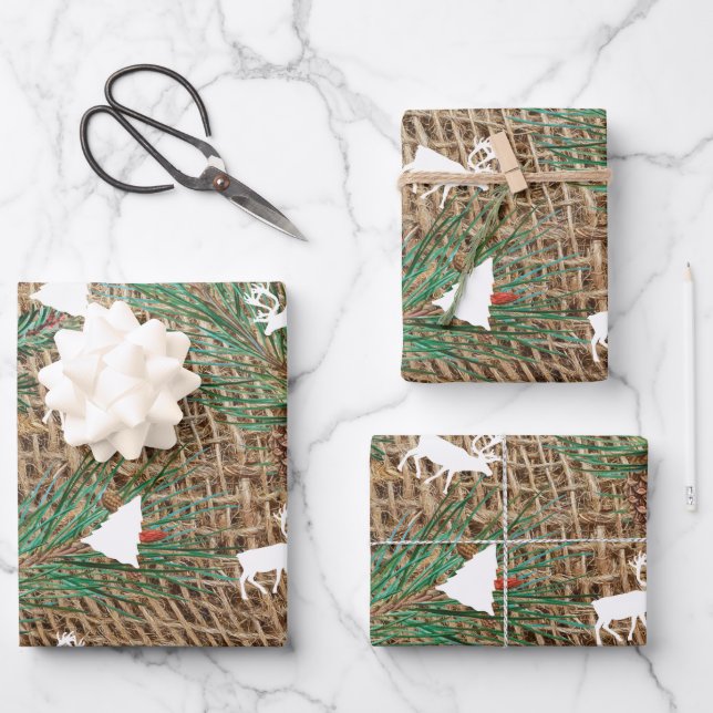 Rustikaler Pinienwald Weihnachtsbaum Rentier Geschenkpapier Set (Vorderseite)