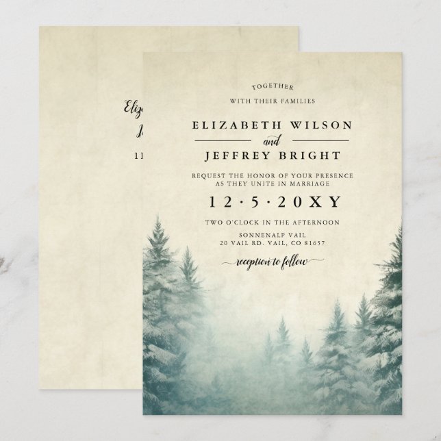 Rustikaler Pinienwald Winter Wedding Inv Einladung (Vorne/Hinten)