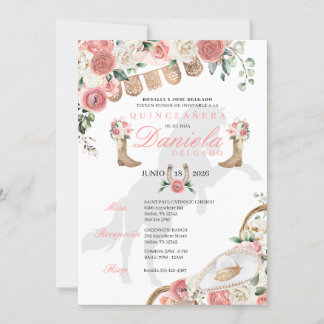 Rustikaler Pink Cowgirl Western Quinceañera Einladung