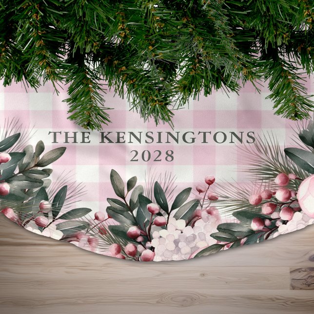 Rustikaler Pink Gingham Blauer Weihnachtsfeiertag Polyester Weihnachtsbaumdecke (Rustic Pink Gingham Floral Christmas Holiday Brushed Polyester Tree Skirt)
