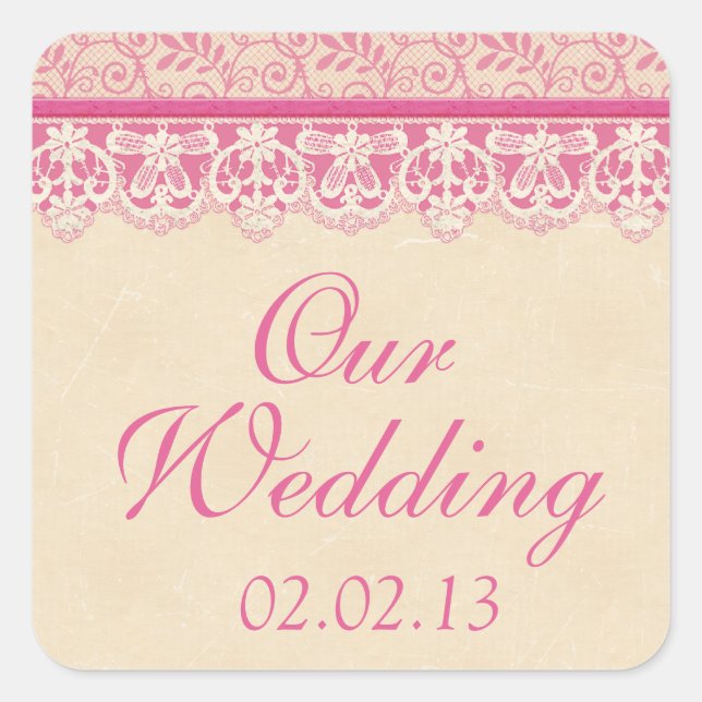 Rustikaler Pink Ivory Lace Wedding Umschlag Aufkle Quadratischer Aufkleber (Vorderseite)