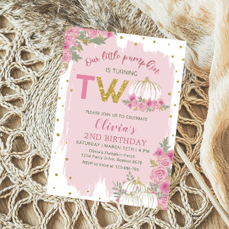 Rustikaler Pumpkin Pink Floral 2. Geburtstag Einladung