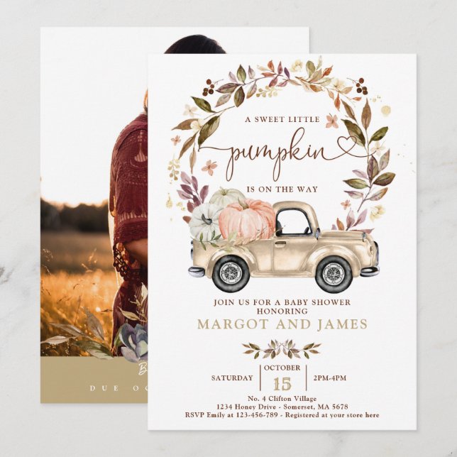 Rustikaler Pumpkin Truck Mute Tones Baby Dusche Einladung (Vorne/Hinten)