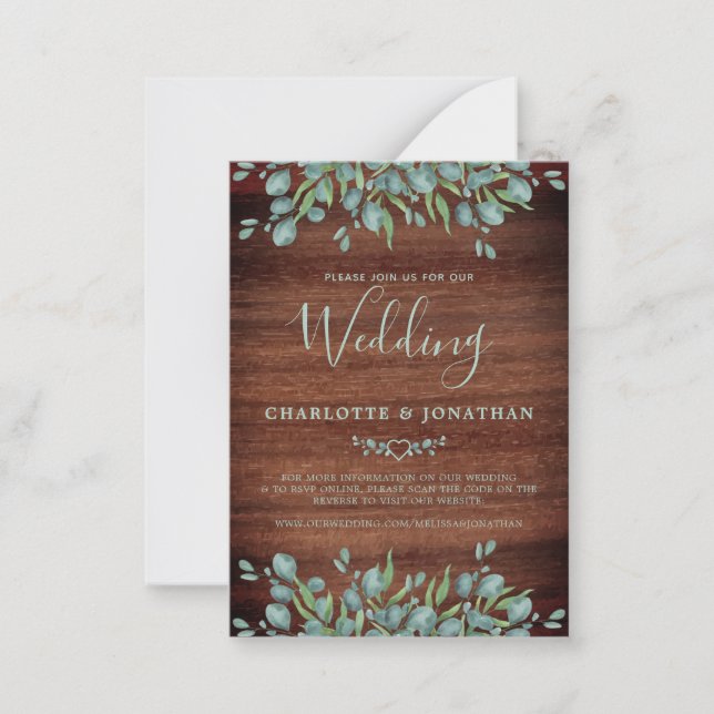 Rustikaler QR-Code Botanische Hochzeitseinladung Mitteilungskarte (Vorderseite)