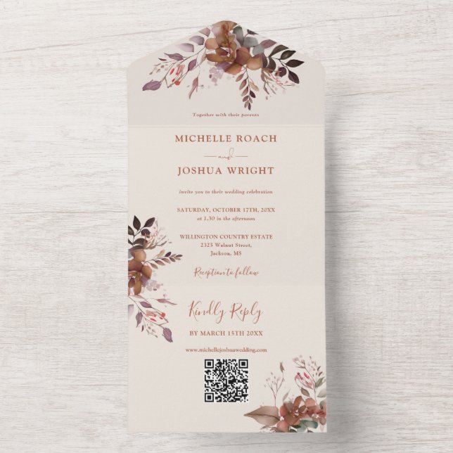 Rustikaler QR-Code Herbstliche Hochzeit im Herbst All In One Einladung (Innen Boden)