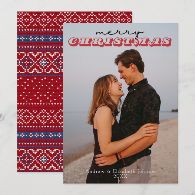 Rustikaler Red & Blue Sweater 1 Foto Weihnachtskar Einladung (Vorne/Hinten)
