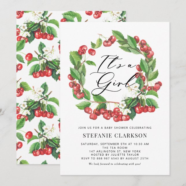 Rustikaler Red Cherries Wreath Es ist eine Girl Ba Einladung (Vorne/Hinten)