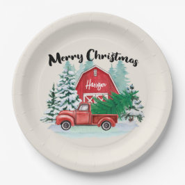 Rustikaler Red Truck Bauernhof Weihnachten Persona Pappteller