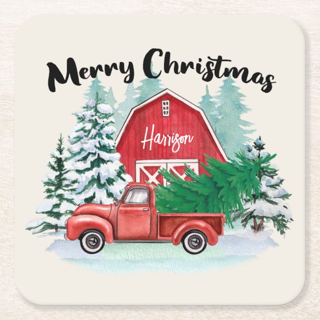 Rustikaler Red Truck Bauernhof Weihnachten Persona Rechteckiger Pappuntersetzer (Vorderseite)