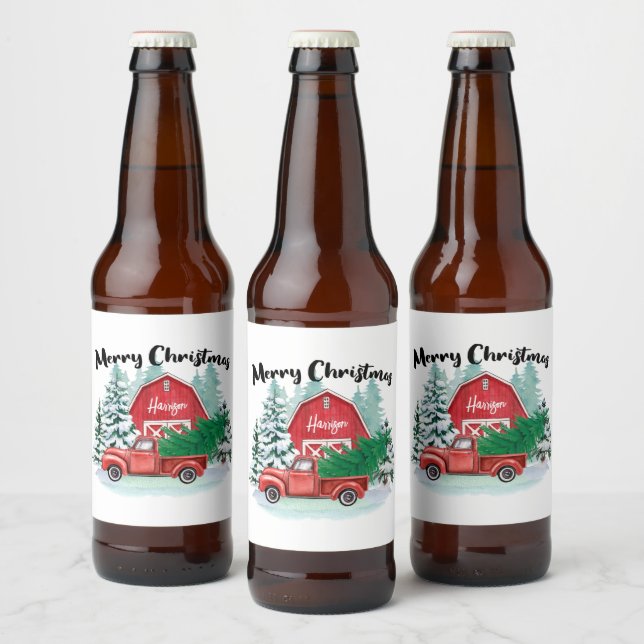 Rustikaler Red Truck Bauernhof Weihnachten Weiß Bierflaschenetikett (Flaschen)