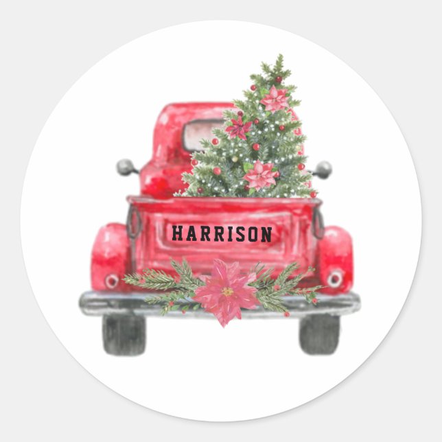 Rustikaler Red Truck Familie Name Weihnachtsbaum Runder Aufkleber (Vorderseite)