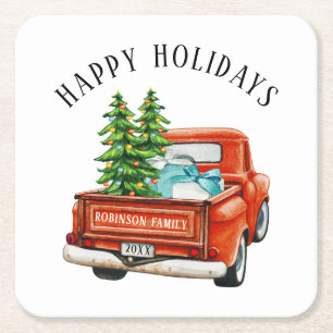 Rustikaler Red Truck Happy Holidays Weihnachtsbaum Rechteckiger Pappuntersetzer