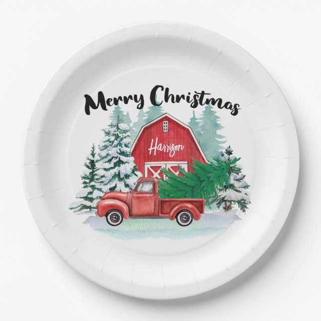 Rustikaler Red Truck Weihnachtsbaum Personalisiert Pappteller (Vorderseite)
