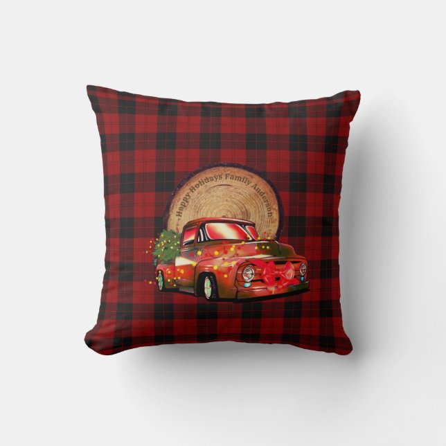 Rustikaler Red Truck Xmas Dekoration Buffalo Karie Kissen (Vorderseite)