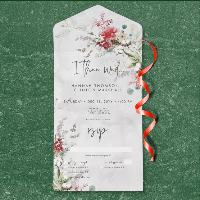 Rustikaler Red Winter Berries & Boho Cotton QR Cod All In One Einladung (Rustic Red Winter Berries & Boho Cotton QR Code All In One Invitation)