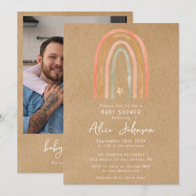 Rustikaler Regenbogen und Star Foto Boho Kinderdus Einladung (Vorne/Hinten)